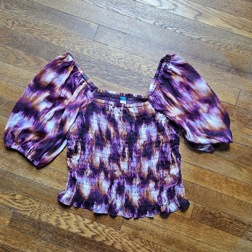 Old Navy Smocked Purple Tie-Dye Blouse with Puff Sleeves